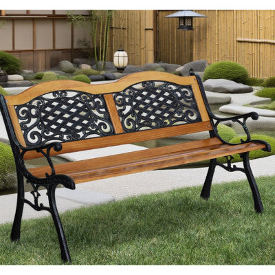 Banc de jardin extérieur avec structure en pin et en métal, pour une posture de soutien, conception ouverte drainant l'eau, patio d'une capacité de 528 lb utilisant du plastique décoratif naturel, confort amélioré, incliné, 30 po
