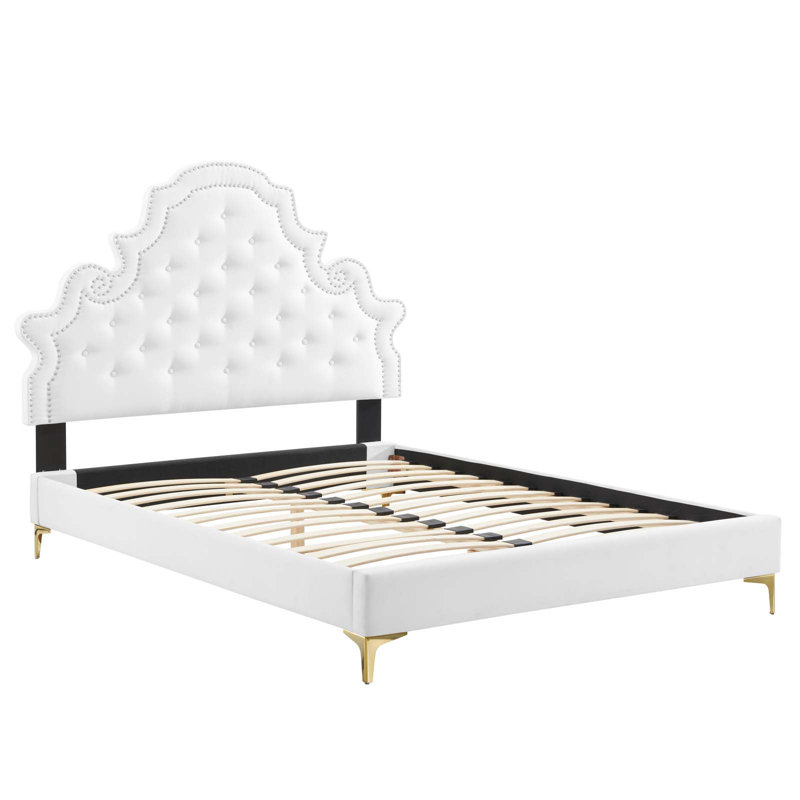 Lit plateforme performant en velours Gwyneth, Simple, Blanc