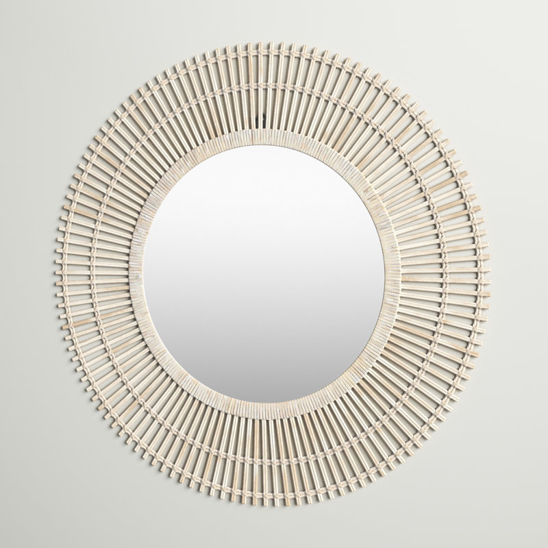 Miroir mural rond en bois de bambou, Crème, crème