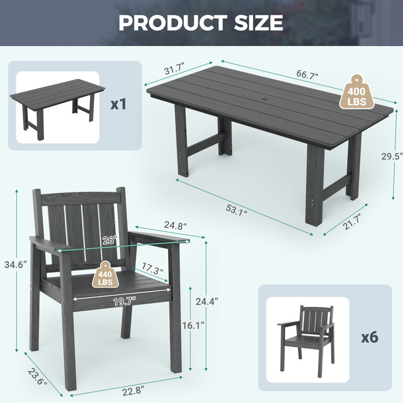Davonia 7-Piece HDPE Plastic Patio Outdoor Dining Set with Arm Chairs, Grey