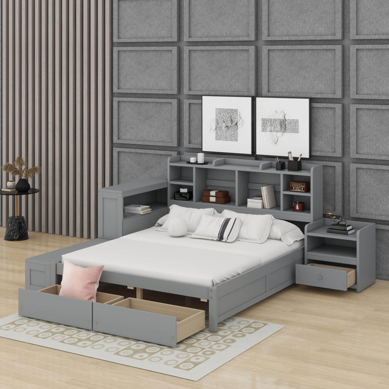 Lit plateforme double en bois avec espace de rangement multifonctionnel, tiroirs, ports USB et bureau, Gris