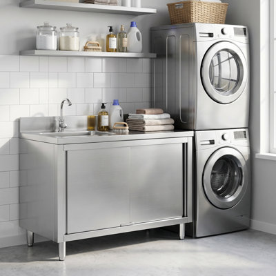47" Freestanding Farmhouse Single Bowl Utility Sink with Cabinet, Stainless Steel, for Kitchen Laundry Room Bar Bathroom