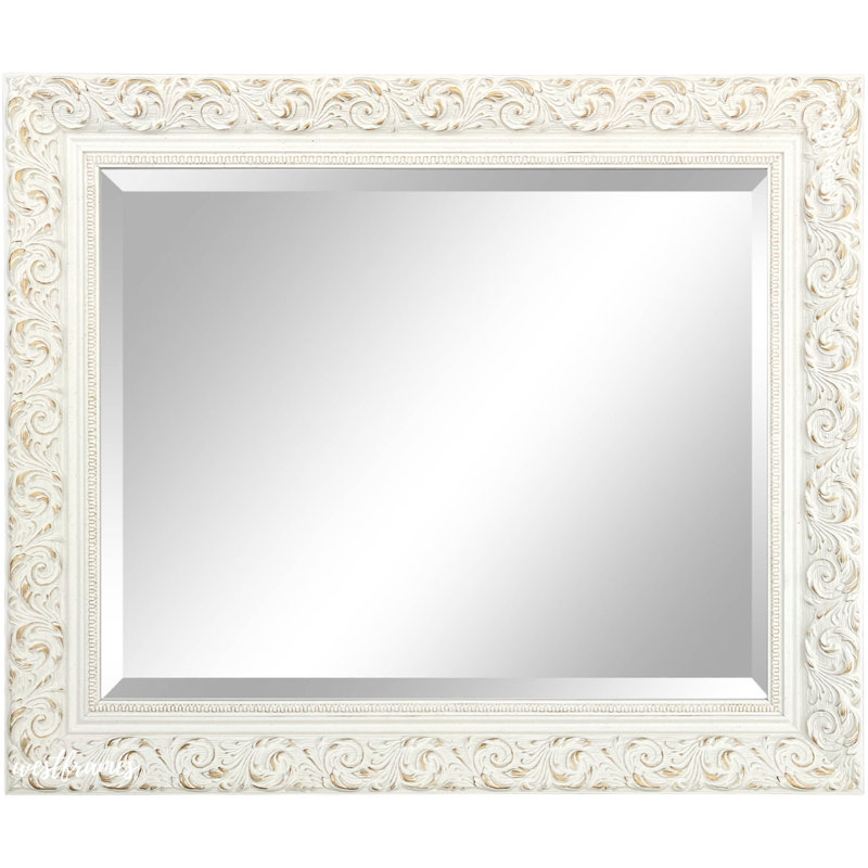 Bella French Ornate Embossed Framed Wall Mirror, Antique White, 32.25" x 26.25"