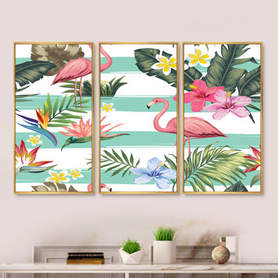 «Tropical Botanicals, Flowers and Flamingo», reproduction de cadre photo sur toile 3 pièces