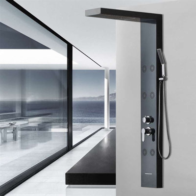 Panneau de douche BathSelect Luna - Jets de pluie et de massage en acier inoxydable brossé avec bec cascade