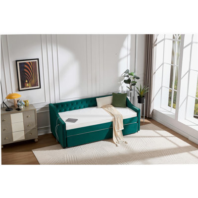 Twin Size Upholstered Daybed with Trundle,USB Port ,Side Pockets,Velvet Daybed with Button on Back and Piping on Waved Shape Arms for Bedroom Guest Room
