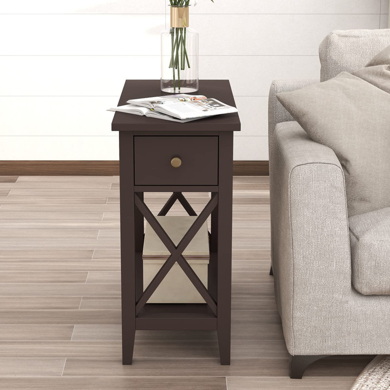 Table de bout à 2 tiroirs, table de bout étroite à plateau rabattable avec tiroir, petite table de chevet d'appoint pour petit salon et chambre à coucher, espresso