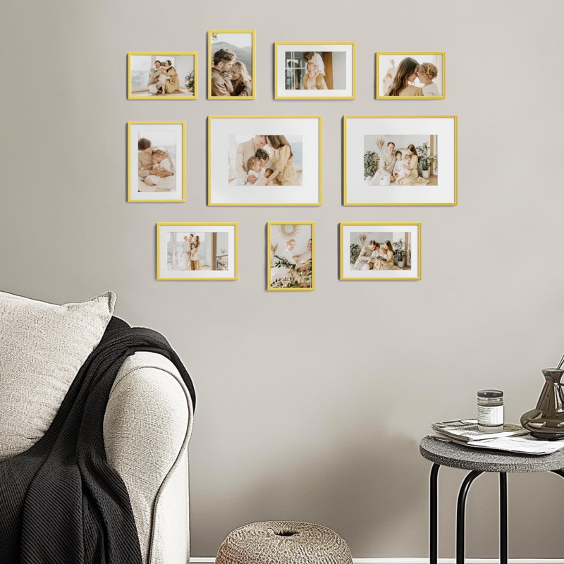 Aluminum Gallery Wall Frame Set Of 10, Including 2Pcs 8X10, 4Pcs 5X7, 4Pcs 4X6 Photo Frames For Wall Or Tabletop Display, Multiple Sizes Picture Frames Collage Wall Decor, Gold