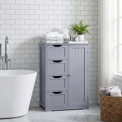  22" W Freestanding Storage Cabinet with 4 Drawers and 1 Door, Bathroom Linen Cabinet with Adjustable Shelf, Gray