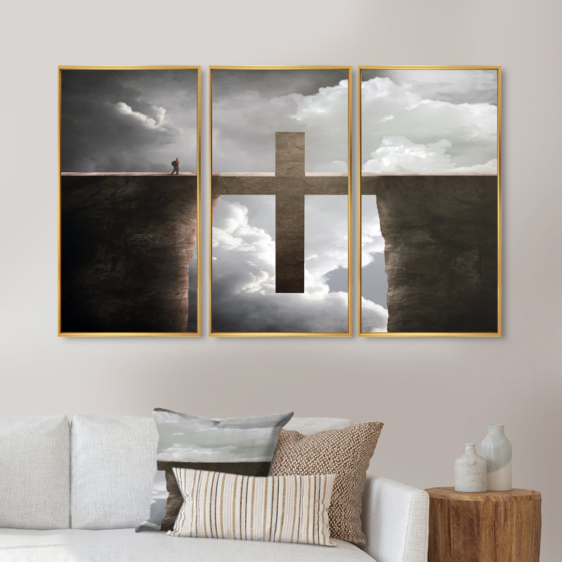 Grande croix entre deux falaises - ensemble de 3 reproductions sur toile, Encadrement doré, H 20 po x l 36 po x P 1 po