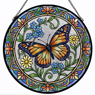 Butterfly Floral Stained Glass Window Panel，12"H