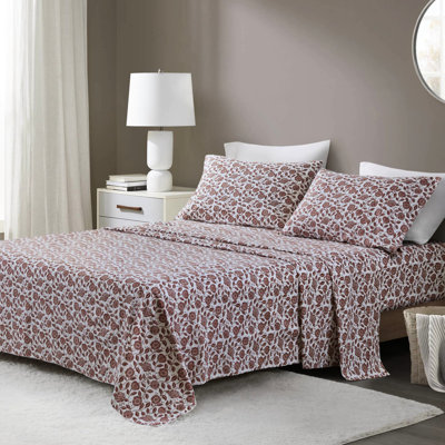 Motif floral rouille 4 pièces drap complet 100% flanelle de coton dimensions luxueuses pour matelas de 18 po de hauteur ajusté brossé doux entièrement pré-rétréci avec 2 taies d'oreiller plates Taille lavable à la machine