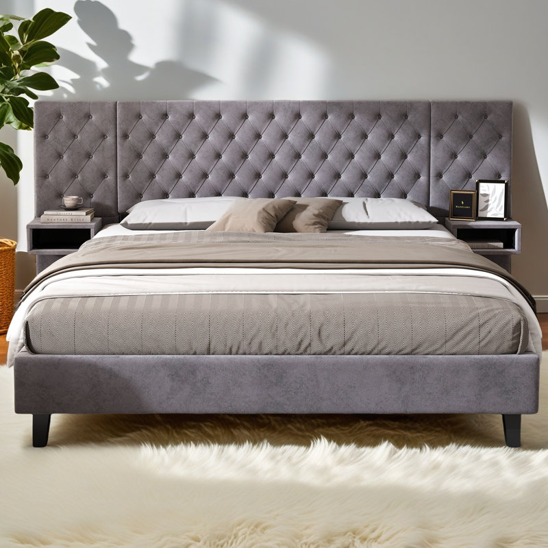 Lit plateforme avec tête de lit, lit plateforme tapissier moderne en velours avec 2 tables de chevet, Gris, Très grand lit
