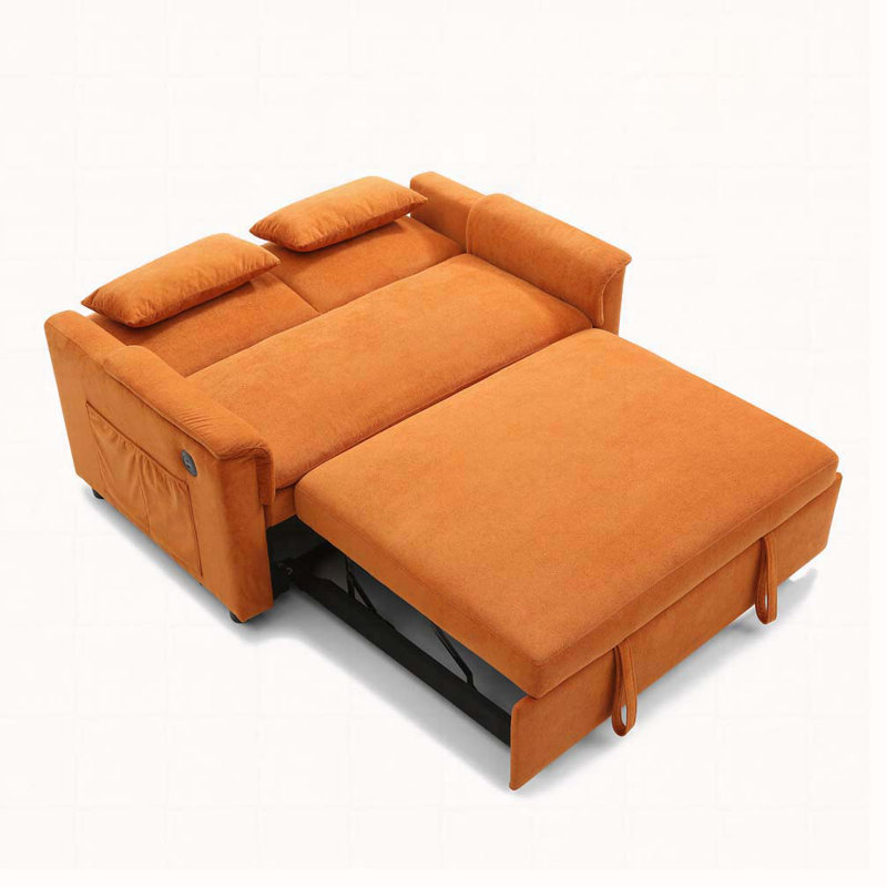 Canapé-lit à deux places en velours 55 po, dossier réglable avec ports USB, deux poches latérales, Orange