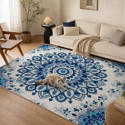 1Pcs Mandala pattern rug - artistic design, washable and easy to clean, large thin, non-slip backing, suitable for living room, bedroom, kitchen, office indoor use for home detor