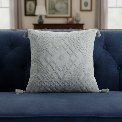 Housse de coussin décoratif en viscose à motif géométrique gris et argent 18 "avec pampilles