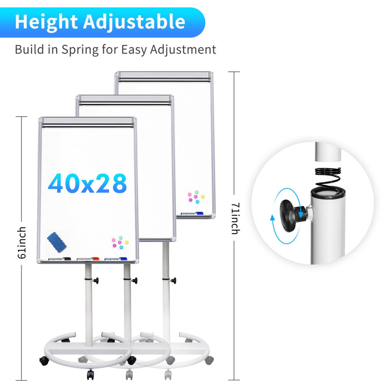Tableau blanc magnétique autoportant 40 po x 28 po avec pince élastique et bloc de papier 25 feuilles, réglable en hauteur