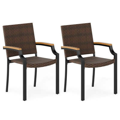 Stacking Wicker Chairs Set of 2 with Acacia Wood Armrests & Metal Frame, Outdoor