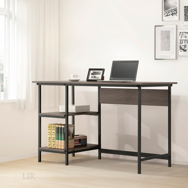 Weathered Gray Desk With 2 Storage Shelves, Metal Accents, And Open Design For Space-Saving Elegance