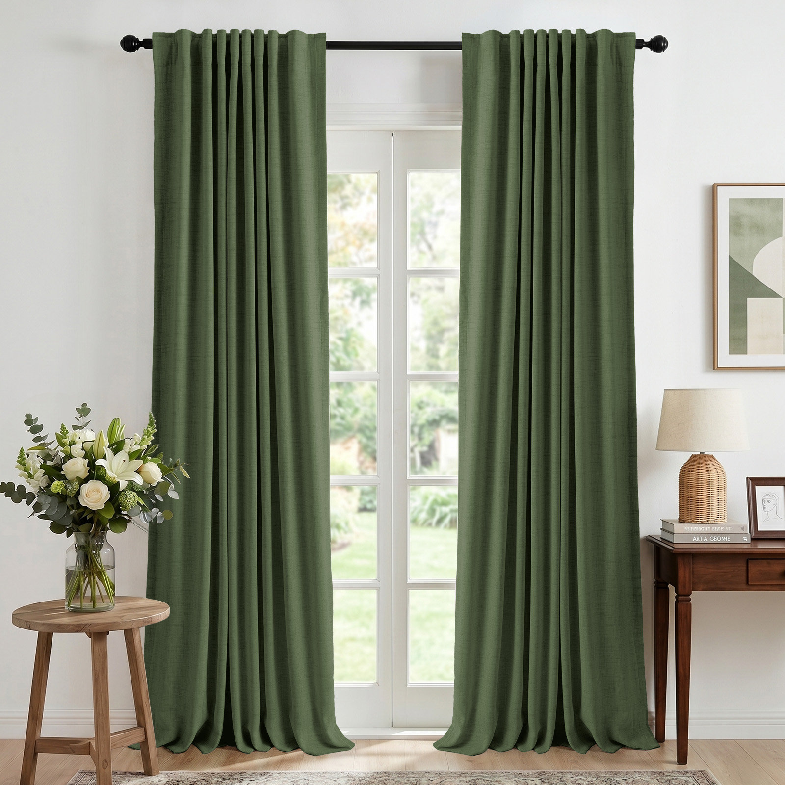 Graciella Faux Linen Blackout Curtain Set, 50" W x 96" L, Moss Green