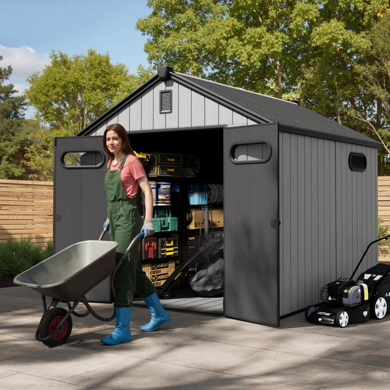 7.5'X9' Rectangular Outdoor Plastic Shed With Metal Frame, And Includes Acrylic Transparent And Vent Windows, And A Floor.