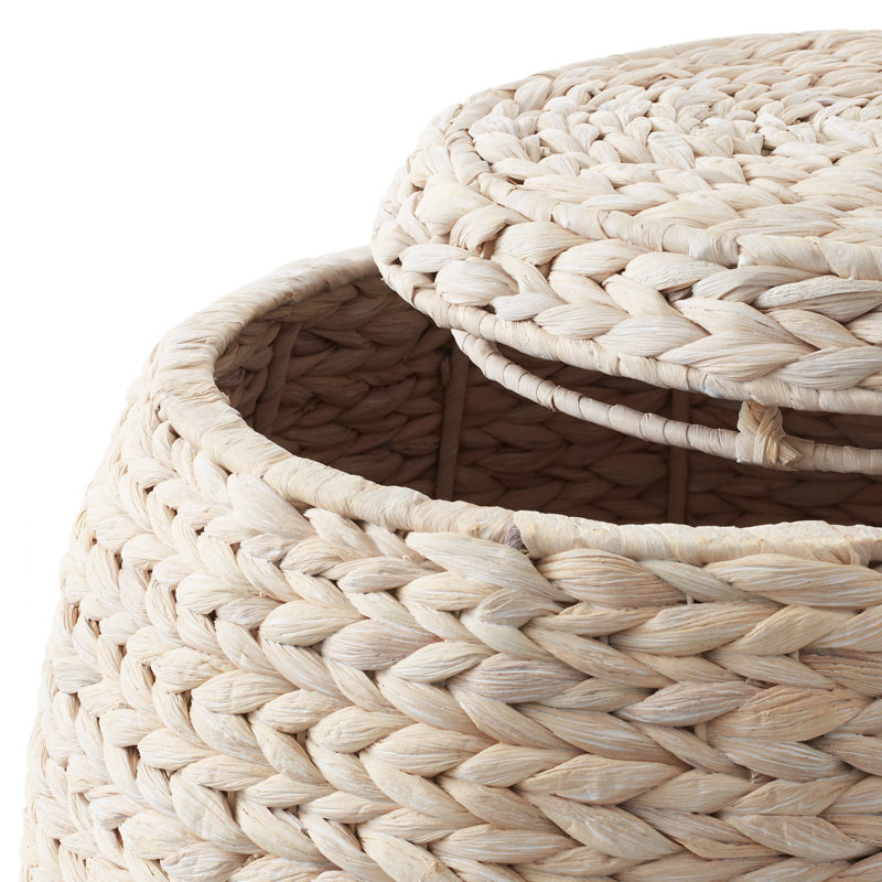 Round Water Hyacinth Storage Basket/Hamper with Lid, Ivory