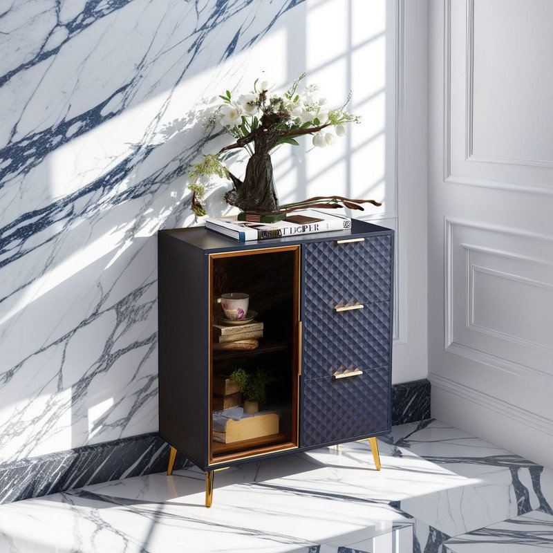 Armoire de rangement moderne - 3 tiroirs, 2 tablettes, conception géométrique, portes en verre?, Bleu