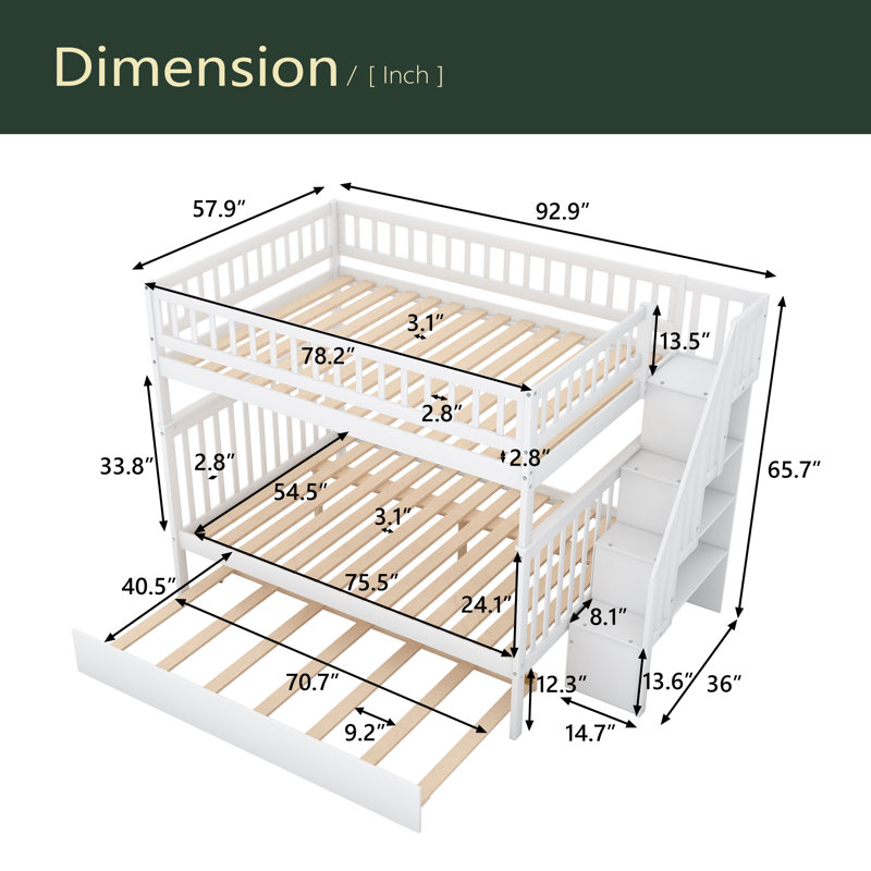 Full Over Full Bunk Bed With Trundle And Staircase, White