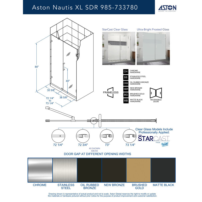 Nautis XL 72.25" W x 80" H Hinged Frameless Shower Door with Ultra-Bright Frosted Glass, Bronze