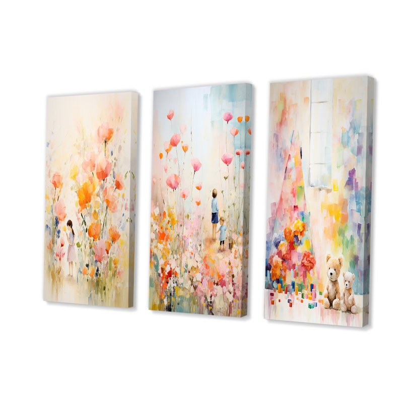 Whimsical Kids Floral Haven I - Ensemble de 3 décorations murales pour enfants, H 28 po x l 36 po, Toile tendue