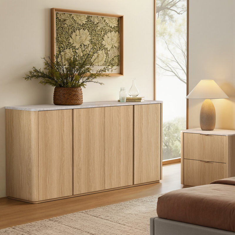 Corentin 67" Sideboard Modern Faux Travertine Wood 4 Doors Buffet Coffee Bar With Adjustable Shelves For Kitchen, Natural Oak