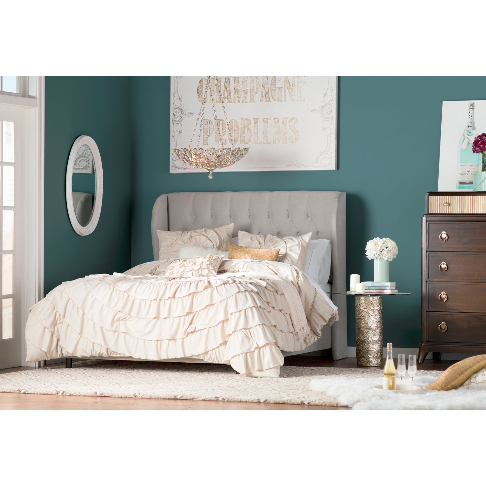 Tomey Upholstered Wingback Bed, King, Classic Loden Velvet