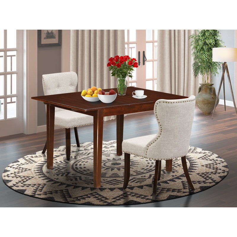 3 Piece Kitchen Table & Chairs Set Contains a Rectangle Wooden Table with Butterfly Leaf and 2 Doeskin Linen Fabric Parsons Chairs, Mahogany