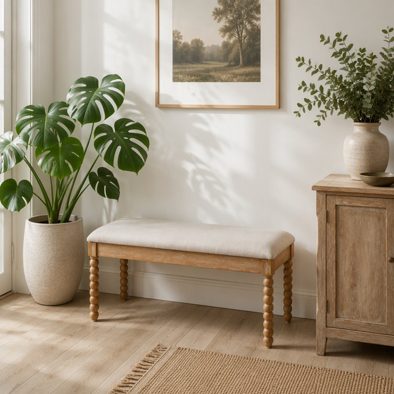 Banc de rangement en bois de style campagnard avec coussin moelleux – Pieds tournés en forme de fuseau, finition naturelle, assise recouverte de lin, style moderne du milieu du siècle pour l'entrée, le couloir, le salon et le coin lecture.