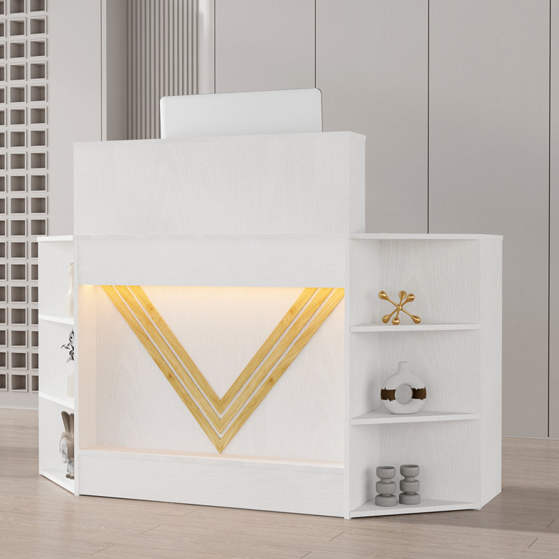 Bureau de réception avec 6 tablettes ouvertes avec prise de courant, Blanc