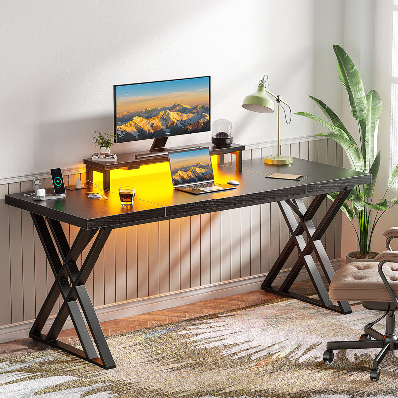 Computer Desk With USB Charging Station, LED Light Strip, Black