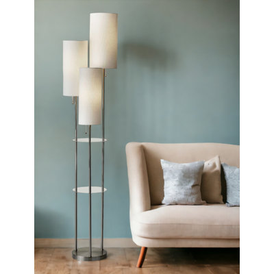 Heathsville 68" Steel Three Light Floor Lamp with White Linen Cylinder Shades