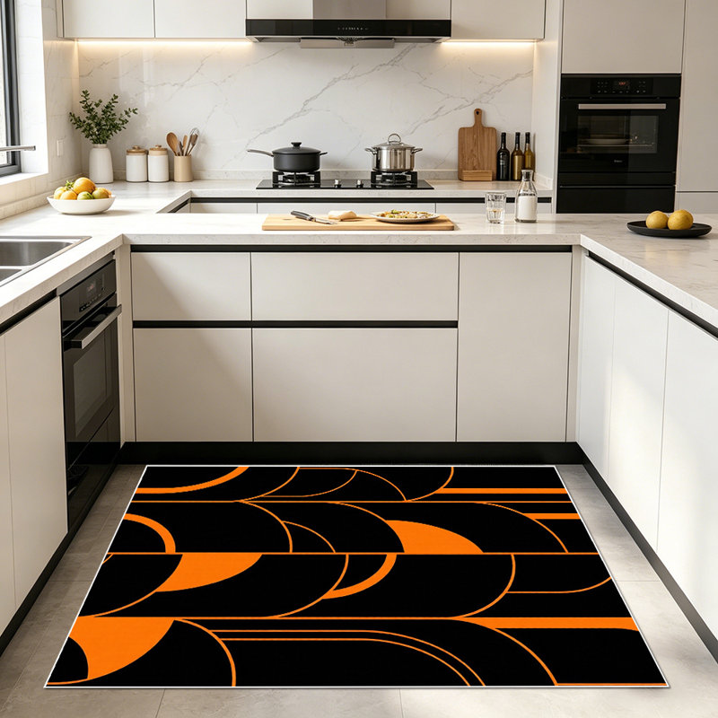 1PC Black and Orange Minimalist Geometric Abstract Line & Circle Pattern area rugs for Living Room, Soft and Comfortable, Suitable for all seasons, easy-to-maintain, machine washable Indoor floor mat, Under Table Farmhouse suitable for dining table,...