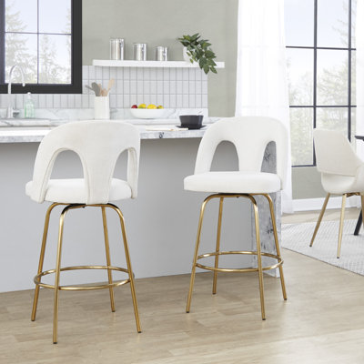 Tabouret de comptoir à hauteur fixe avec pivot en métal doré et tissu blanc neige avec repose-pieds rond en métal doré - ensemble de 2