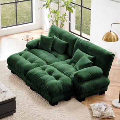 Cloud Couch Sleeper Sofa For Living Room, Chenille 2 Seater Sofa With 2 Lumbar Pillows And 2 Throw Pillows , Upholstered Wide Arm Sofa With 2 Ottomans,Chenille Green