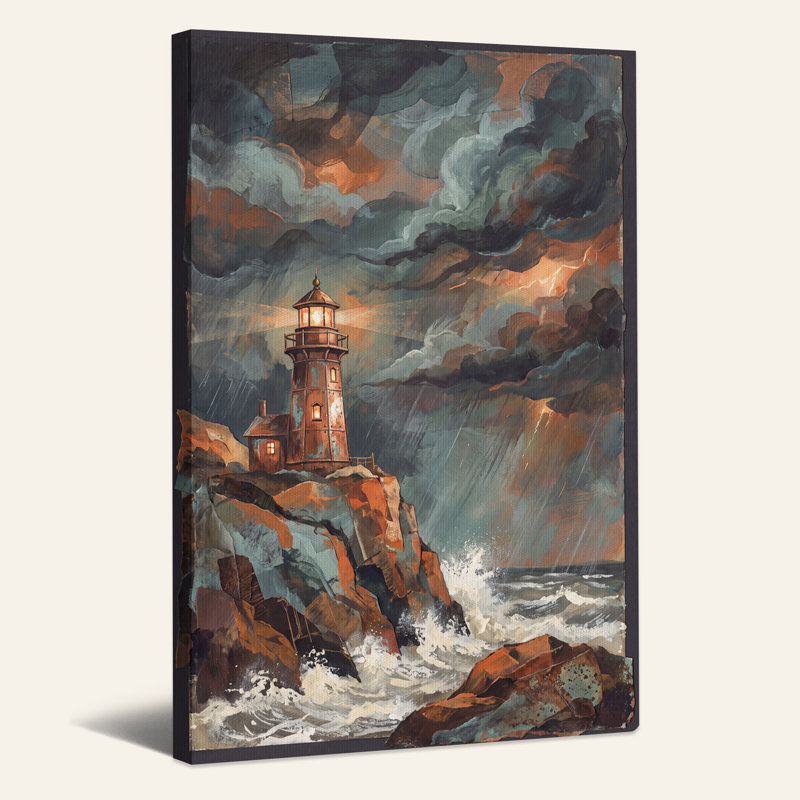Art sur toile, "Phare sur les falaises rocheuses dans le ciel orageux", 40"H x 28"W