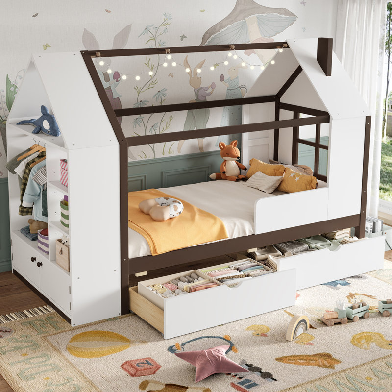 Lit plateforme simple avec tiroirs, lit maison en bois massif avec tablettes, conception enfantine, blanc et espresso