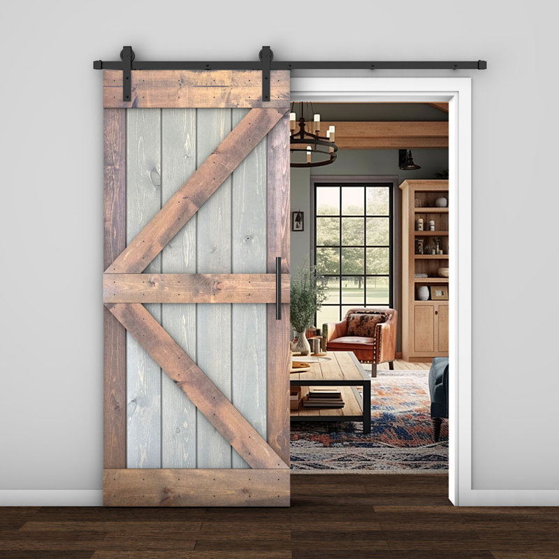 Porte de grange lambrissée peinte en bois et en métal, 36 po x 84 po, Gris / Chêne
