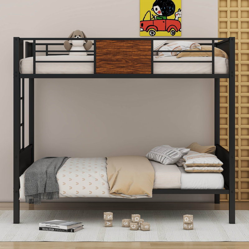 Bunk Bed Modern Style Steel Frame Bunk Bed with safety rail, built-in ladder, Full Over Full