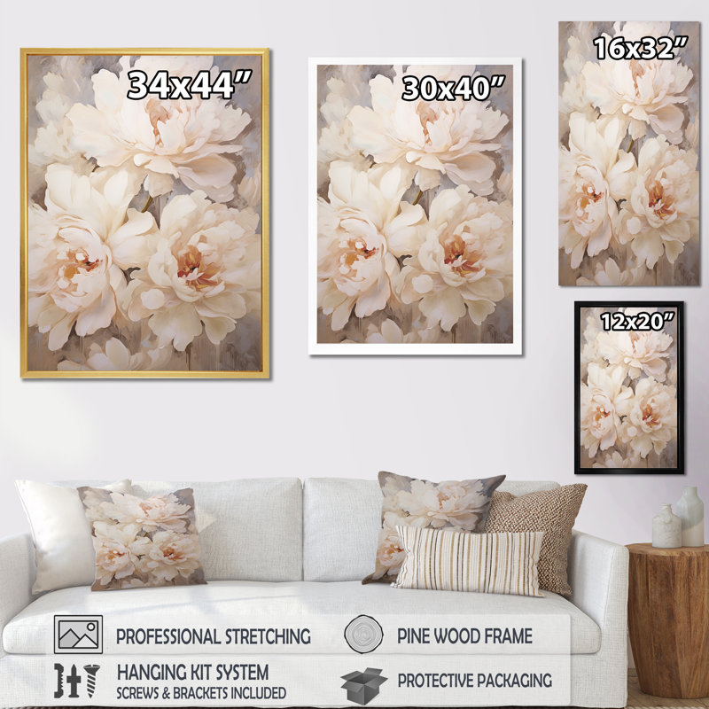«Beige fragrant Peony Bliss VI», reproduction sur toile, Cadre photo blanc, H 32 po x l 16 po x P 1 po