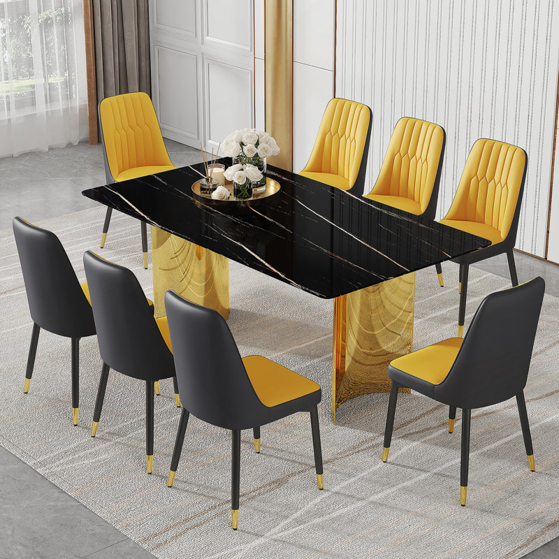 Ensemble de table à manger moderne pour restaurant et salle à manger, 9 pièces : table, 8 chaises, Orange
