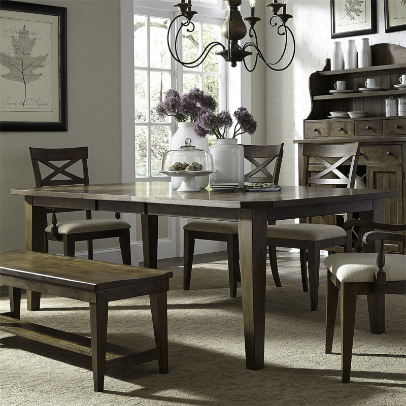 Hahira Rectangular Dining Table Set w/ 6 Brown Windsor Back Dining Chairs, Rustic Oak
