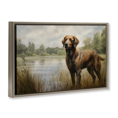 Retriever Dog & Pond Gold Framed Floater Canvas by Petal Prints Design