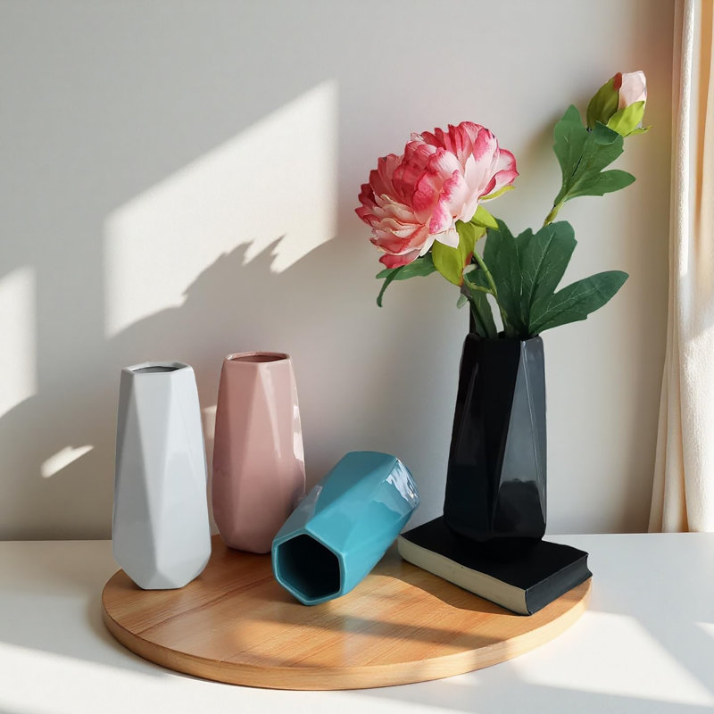 Modern Black Ceramic Vase, 7.5 Inch Geometric Flower Vases, Minimalist Design For Table Shelf Centerpiece Home Decor Fit For Housewarming, Weddings, Birthday,Christmas