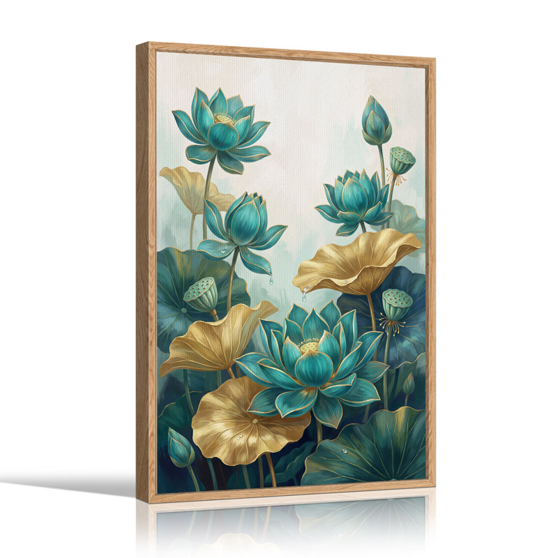 Art mural sur toile, fleurs de lotus bleu sarcelle et feuilles d'or, H 48 po x l 32 po